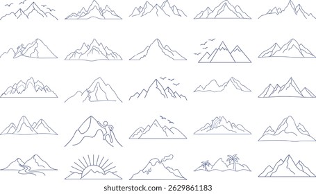 Mountain Line Art Drawing, Minimalist Mountain Outline, Hand-Drawn Mountain Range in Line Art