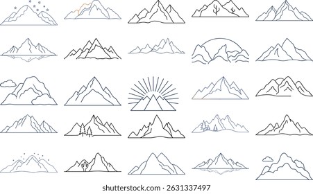 Mountain Line Art Drawing, Minimalist Mountain Outline, Hand-Drawn Mountain Range in Line Art