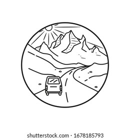 Mountain line art, emblems. Western vector illustrations. Design for t shirt, stamp, label, logo, etc. isolated vector graphic.
