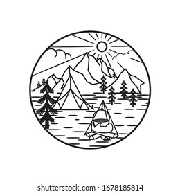 Mountain line art, emblems. Western vector illustrations. Design for t shirt, stamp, label, logo, etc. isolated vector graphic.