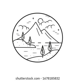 Arte de la línea de montaña, emblemas. Ilustraciones vectoriales occidentales. Diseño para pantalones, sello, etiqueta, logotipo, etc. vectorial aislado.