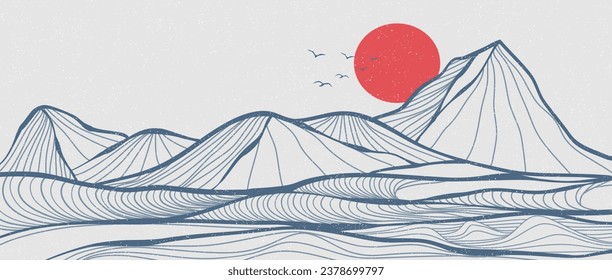 Mountain line art landscape illustration. Creative minimalist modern line art pattern. Abstract contemporary aesthetic backgrounds landscapes. with Mountain, hill and ocean wave