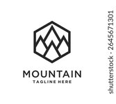 Mountain line art logo design and hexagon frame