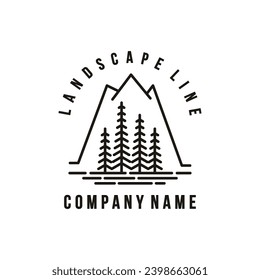 Mountain Line Art Logo Design Template. Mountain with pinus tree forest vintage retro 