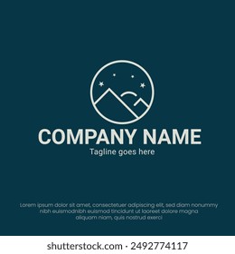 Mountain line art logo design with moon and stars minimalist style logo vector illustration 