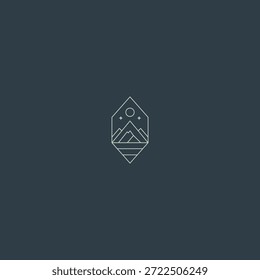 Logotipo de arte de la línea de montaña que representa la estabilidad, la naturaleza y la resistencia.