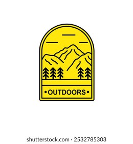Gebirgslinie Kunst Logo einfaches Emblem Vektorgrafik, Abenteuer und Outdoor-Zeichen oder Symbol für Reisegeschäft mit Abzeichen gelb 