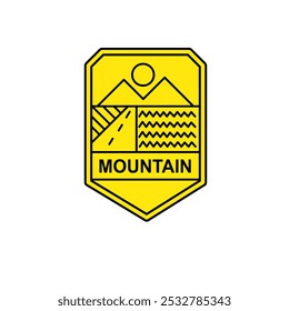Logotipo de arte de la línea de montaña Ilustración vectorial de emblema simple, aventura y signo o símbolo al aire libre para viajes de negocios con insignia amarilla 