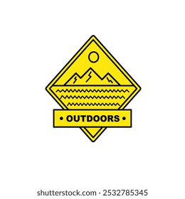 mountain line art logo simple emblem vector illustration, adventure and outdoors sign or symbol for travel business with badge yellow 