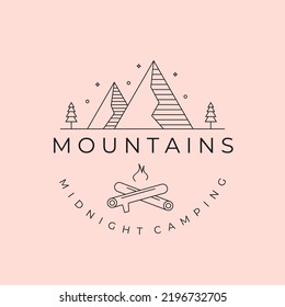 mountain line art logo vector with bonfire symbol design illustration, midnight camping