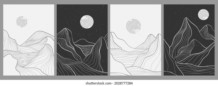 Mountain line art on set, Abstract mountain contemporary aesthetic backgrounds landscapes. use for print art, cover, invitation background, fabric. Vector illustration