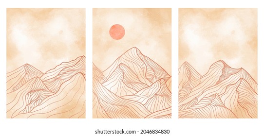 Mountain line art on set, Abstract mountain contemporary aesthetic backgrounds landscapes. use for print art, cover, invitation background, fabric. Vector illustration