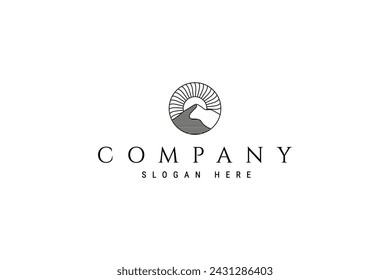 Mountain line art outline logo design with sun in circle frame
