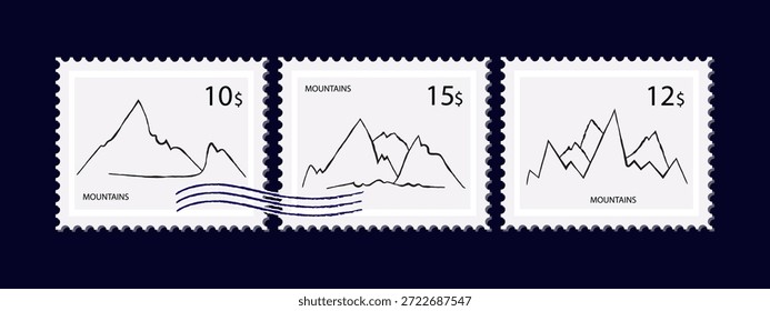 Mountain line art postage stamp. Contemporary philatelic. A collection of paper outline mountain and rocky slopes. Landscape with peaks, postage stamp for sending a letter by mail. Vector illustration
