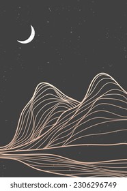 Mountain line art print illustration. Abstract mountain contemporary aesthetic backgrounds landscapes. with mountain, desert,  hills and moonlight