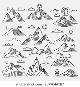 Mountain line art set shape black on white background.Lined figure simple illustration flat style. Elements vector mountain shadow,cloud,sun,trees.Design for decorate icon logo editing emblems mockup.