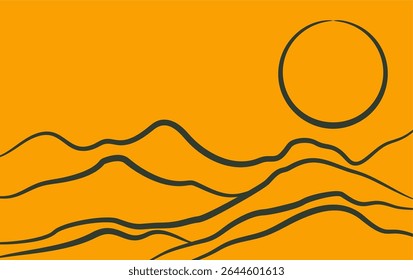 Mountain Line Art With Sunset Abstract Background