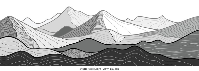 Mountain line art vector drawing, imitation of mountain ranges, abstract stylization, minimalism