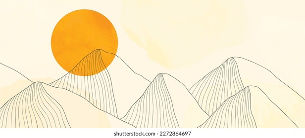 Mountain line art wallpaper background vector. Contour drawing linear scenic hill landscape with watercolor background. Design illustration for cover, invitation, packaging, fabric, banner, print.