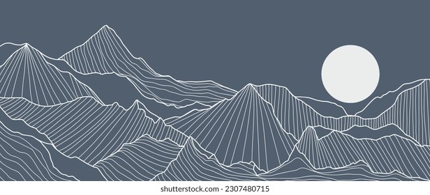 Mountain line art wallpaper. Contour drawing luxury scenic landscape, hills, moon. Panorama view of mountain design illustration for cover, invitation background, packaging design, banner and print.