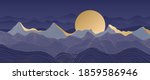 Mountain line arts background vector. Landscape with mountains and sun, Mountainous terrain, Sun set wallpaper design for wall arts, cover, fabric. Vector illustration.