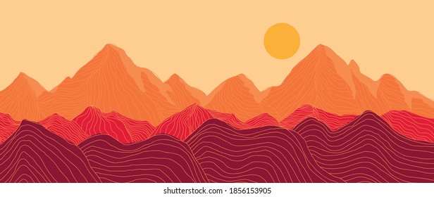 Mountain line arts background vector. Landscape with mountains and sun, Mountainous terrain, Sun set wallpaper design for wall arts, cover, fabric. Vector illustration.