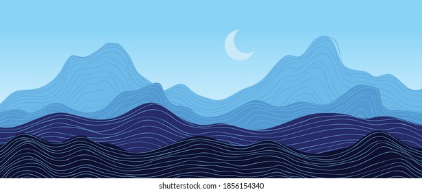 Mountain line arts background vector. Landscape with mountains and sun, Mountainous terrain, Sun set wallpaper design for wall arts, cover, fabric. Vector illustration.