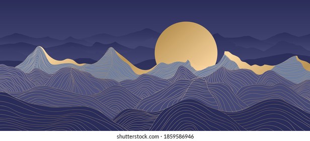 Mountain line arts background vector. Landscape with mountains and sun, Mountainous terrain, Sun set wallpaper design for wall arts, cover, fabric. Vector illustration.