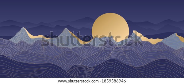Mountain line arts\
background vector. Landscape with mountains and sun, Mountainous\
terrain, Sun set wallpaper design for wall arts, cover, fabric.\
Vector illustration.