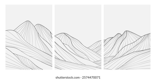 Mountain line arts illustration on set. Hand drawn style. Abstract mountain contemporary aesthetic backgrounds landscapes. use for print art, poster, cover, banner, template