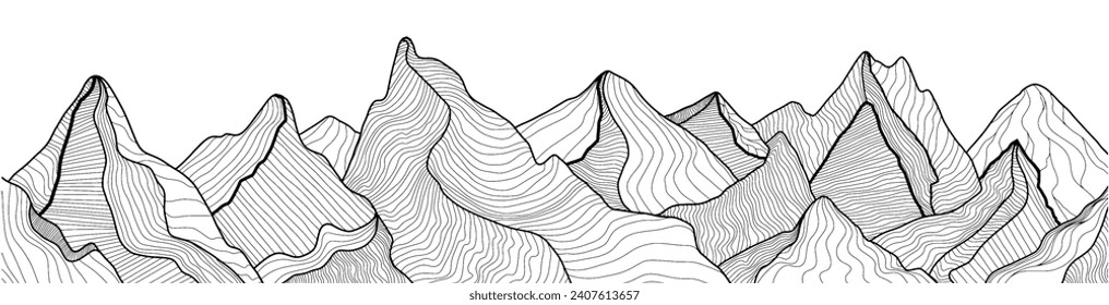 Mountain line arts wallpaper. Luxury landscape background design for cover, invitation background, packaging design, fabric, print. Vector illustration. Landscape wallpaper mountain line art design.