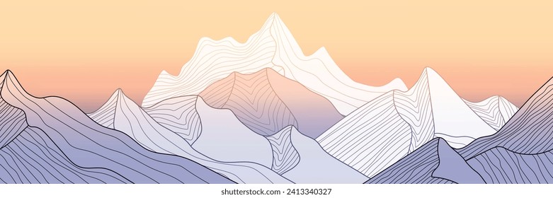 Mountain line arts wallpaper, seamless border, mountain ranges at sunrise, vector background