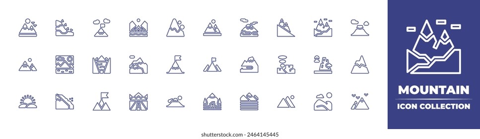 Mountain line icon collection. Editable stroke. Vector illustration. Containing mountain, goal, landscape, fujimountain, mountainrange, altitude, cabin, mountains, mountainview, mount, avalanche.