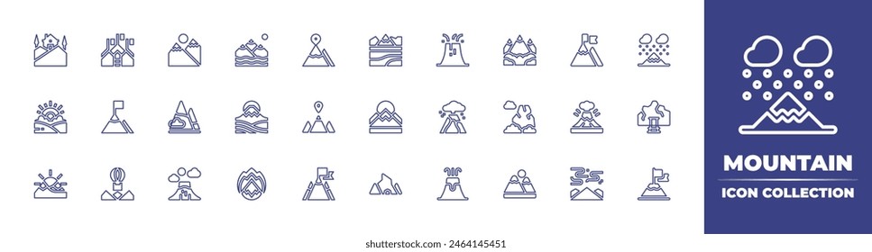 Mountain line icon collection. Editable stroke. Vector illustration. Containing landscape, cave, house, mountains, sunrise, mountain, goal, snowing, achievement, volcano, conquer, mine, fire.