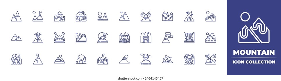 Mountain line icon collection. Editable stroke. Vector illustration. Containing cave, fujimountain, mountains, mountain, landscape, mountainroad, ramp, volcano, fuji, mine, goal, river, waterfall.