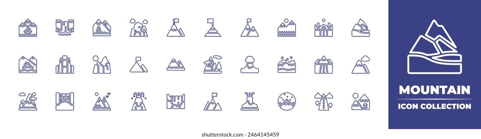 Mountain line icon collection. Editable stroke. Vector illustration. Containing mission, mountain, road, cruise, mountains, goal, waterfall, volcano, cave, tunnel.