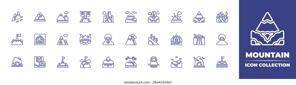 Mountain line icon collection. Editable stroke. Vector illustration. Containing cave, mountains, goal, mountain, fujimountain, valley, outburstflood, cablecar, isha, fuji, waterfall, hiilside, rock.