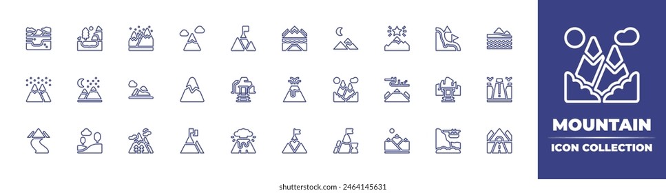 Mountain line icon collection. Editable stroke. Vector illustration. Containing goal, river, sugarloafmountain, mountain, mountains, achievement, travel, volcano, mine, lake, northernlights, career.