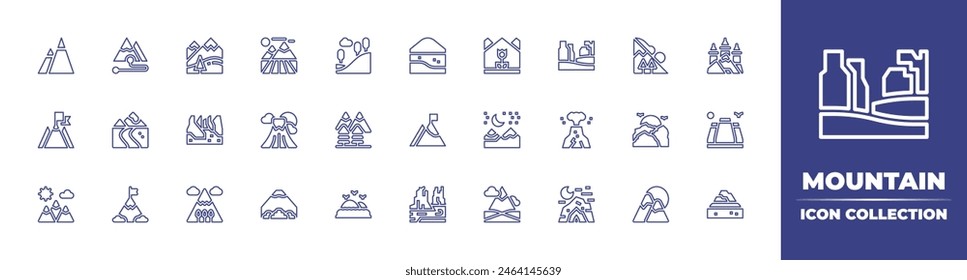 Mountain line icon collection. Editable stroke. Vector illustration. Containing mountain, fujimountain, goal, hill, vigil, cave, route, river, landscape, sunset, avalanche, field, canyon, castle.