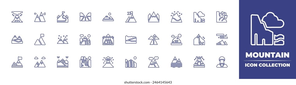 Mountain line icon collection. Editable stroke. Vector illustration. Containing mountains, mountain, mission, trekking, altitude, rainbow, nationalpark, road, volcano, mine, volcanoeruption.