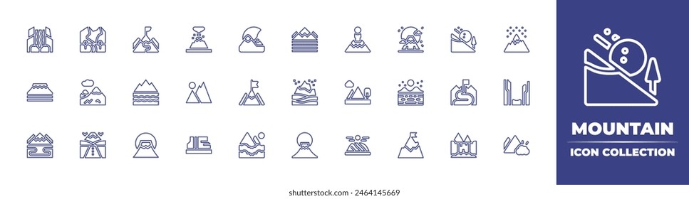 Mountain line icon collection. Editable stroke. Vector illustration. Containing mountain, fujimountain, mountains, moon, road, hiking, waterfalls, goal, implode, lanscape, river, skiroute, montblanc.