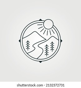 mountain line icon logo vector illustration design, landscape sunsethill line art logo design