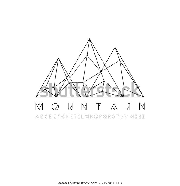 白い背景に山の線のアイコン アウトラインベクター画像ロゴイラスト 線形の絵文字 見出しに細い線のアルファベットを使用します のベクター画像素材 ロイヤリティフリー