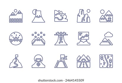 Mountain line icon set. Editable stroke. Vector illustration. Containing mountain, fujimountain, mountains, achievement, road, roadbanner, rock, volcano, fuji, avalanche, ski.