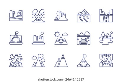 Mountain line icon set. Editable stroke. Vector illustration. Containing mountain, snowing, goal, road, valley, auroraborealis, rock, cave, river, lake, canyon, achievement.