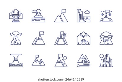 Mountain line icon set. Editable stroke. Vector illustration. Containing mountain, hiking, goal, achievement, route, mine, volcano, cave, sea, cliff.