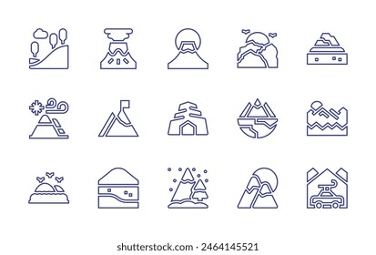 Mountain line icon set. Editable stroke. Vector illustration. Containing mountain, fujimountain, winter, hill, cave, sunset, volcano, goal, car, sierranevada, bay, island.