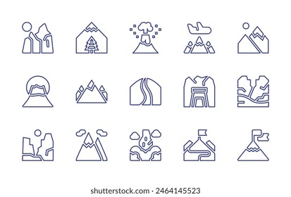 Mountain line icon set. Editable stroke. Vector illustration. Containing mountains, canyon, mountain, fujimountain, goal, picocao, travel, volcano, freeride, mine.