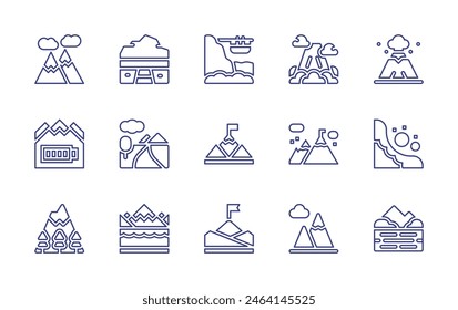 Mountain line icon set. Editable stroke. Vector illustration. Containing sugarloafmountain, mountains, mountain, lake, mounttahtali, river, volcano, peak, andes, avalanche, mission.