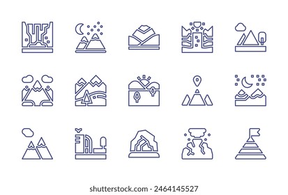 Mountain line icon set. Editable stroke. Vector illustration. Containing mountains, mountain, vigil, volcano, waterfall, goal, pervivanhighlands, cave, sunset.